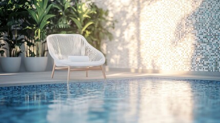 Relaxing leisure space with a cozy swimming pool, inviting white chair, and a vibrant mosaic wall, all beautifully illuminated by morning sunlight.