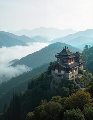 Obraz premium Stunning Chinese temple on a mountain peak in a serene mood with misty mountains backdrop