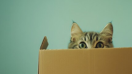 Playful cat with striking green eyes peering over the edge of a cardboard box against a soft blue background, inviting curiosity and warmth.