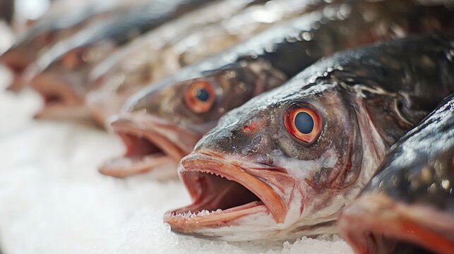 Fresh amberjack fish with striking eyes and open mouths, arranged neatly on a bed of ice, showcasing their glistening scales on a white surface.