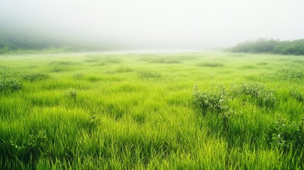 Obraz premium Lush green grass thrives in a misty marshland, with soft fog enveloping scattered shrubs and creating a serene, tranquil landscape.