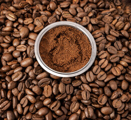 coffee beans, ground coffee in the middle