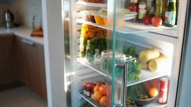 Modern Refrigerator, Food, Kitchen, Fresh Produce, Glass Door, Transparent 
