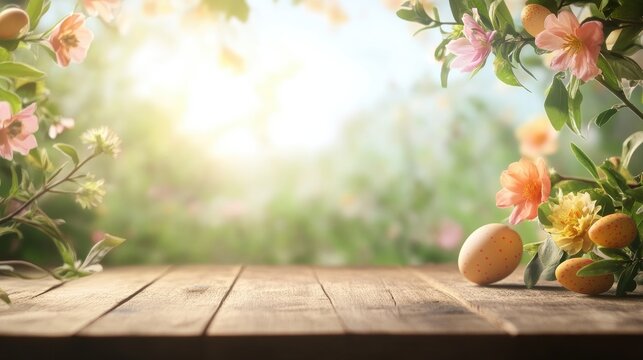 Wooden table with a spring-themed blurred backdrop of colorful flowers and decorative eggs, creating an inviting space for text placement.