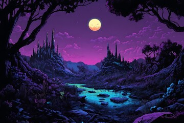 Serene Night Scene with a Moonlit Castle and River