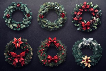 Beautifully Illustrated Christmas Wreaths - Six elegant Christmas wreaths, varying designs, festive colors, winter holiday,  decorations.