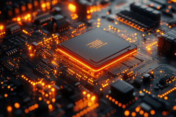 A close-up of a computer chip with a central processing unit surrounded by bright LED indicators.  