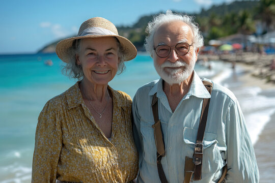 An elderly couple enjoying their vacation on the beach.
