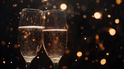 Champagne glasses clinking amid dark backdrop with sparkling bokeh lights and glitter, ideal for festive celebrations with space for text.