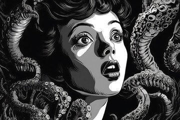 A terrified woman surrounded by monstrous tentacles