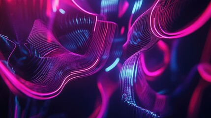 Vibrant neon abstract design featuring dynamic lines and curves illuminating a dark background with a visually striking interplay of colors.