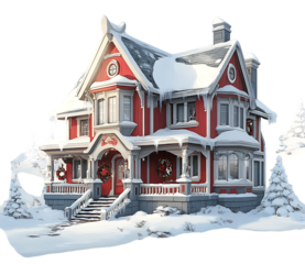 Snow covered Victorian house, festive wreaths, winter scene.