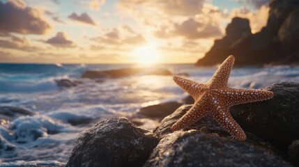 Fototapeta na wymiar Starfish perched on dark rocks by the shoreline at sunset, capturing the serene beauty of nature against a vibrant sky and gentle ocean waves.