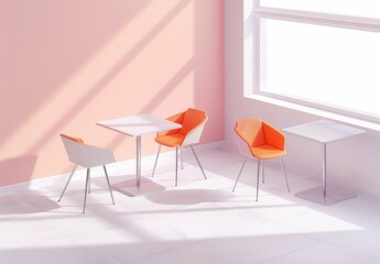 modern furniture, interior design, minimalism, cozy, orange and white chairs, bright room, natural light, stylish decor, contemporary space, inviting atmosphere