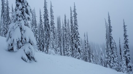 Snow-covered tall trees stand majestically against a gray sky, creating a peaceful winter landscape with a pristine layer of untouched snow.