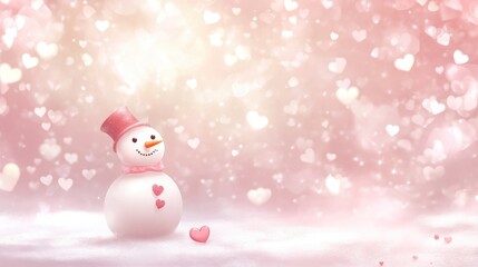 Fototapeta premium Valentine's Day snowman illustration with a soft pink background and heart motifs, creating an inviting space for personalized text.
