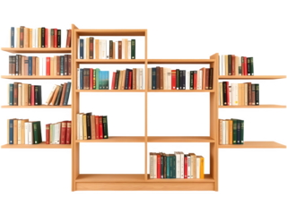 A full wooden bookshelf filled with various books, isolated on transparent white background.