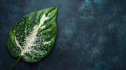 Variegated green houseplant leaf displaying striking white splashes against a deep dark textured background