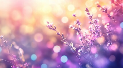 Vibrant summer wildflowers in a sunny field with soft focus and round bokeh effects, showcasing shades of purple, pink, and turquoise for a tranquil floral background.