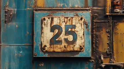 Weathered plaque displaying the number 25, showcasing rustic metal textures and vibrant blue and yellow background.