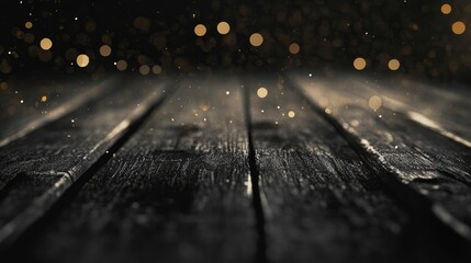 Soft blurred black bokeh background featuring a rustic wooden floor, ideal for stage events and presentations with warm golden highlights.