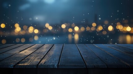 Wooden table with blurred bokeh lights in the background, creating a perfect setting for product display with ample copy space for customization