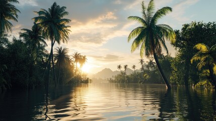Scenic view of a flooded landscape with palm trees and a serene river at sunset, highlighting nature's beauty amidst the aftermath of a disaster.