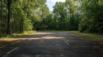 Obraz premium Abandoned parking lot flanked by lush green trees under a clear blue sky, highlighting the tranquility of a bright summer day.
