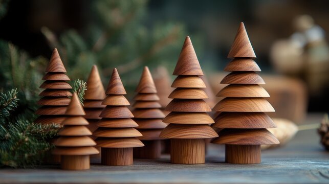 Handcrafted wooden Christmas trees featuring a unique layered design, ideal for festive decor and customized holiday card backdrops.