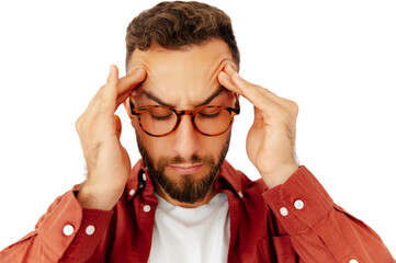 Close-up of caucasian man pressing his temples with both hands, appearing deep in thought or...