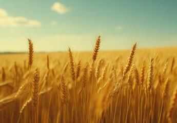 Fototapeta premium Golden Wheat Field Under Clear Blue Sky with Soft Clouds Capturing the Essence of Rural Agriculture and Bountiful Harvest Season in Nature’s Splendor