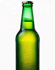 A realistic green beer bottle with condensation droplets on its surface, standing upright, isolated on a transparent background. The bottle is lit from the side, casting subtle shadows. The label is b