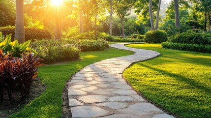 Fototapeta premium Winding stone pathway meanders through a sunlit park with lush grass, vibrant plants, and towering trees under a glowing sunset.