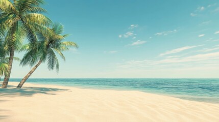 Obraz premium Tropical beach scene with fine white sand, gently swaying palm trees, and a serene sea under a clear blue sky, ideal for vacation or holiday promotions.
