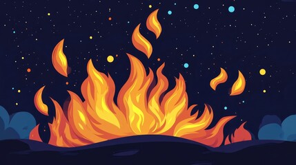 Vibrant night illustration showcasing dynamic bonfire flames illuminated against a starry dark sky, executed in a captivating flat design style.