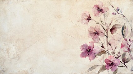 Watercolor design featuring vintage aged paper with delicate pink flowers and serene empty space for personalized text or messages.