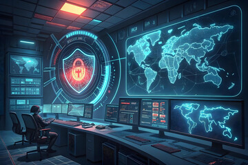 A futuristic security command center with holographic displays of a global network map