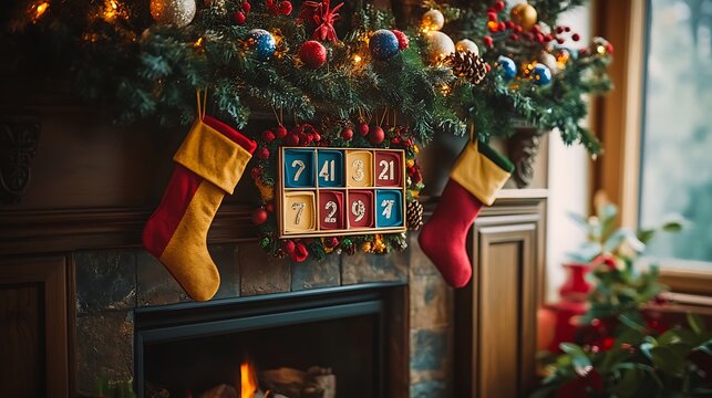 Bright and vibrant advent calendar placed near stockings on a mantle with opened windows and cheerful tones