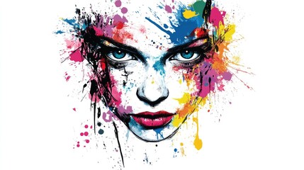 Vibrantly painted face with expressive blue eyes, adorned by bold splashes of color highlighting artistic flair and dynamic emotion.