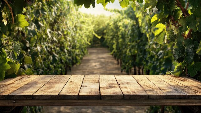 Wooden table set against a picturesque backdrop of vibrant vineyard rows surrounded by lush green foliage and warm sunlight.