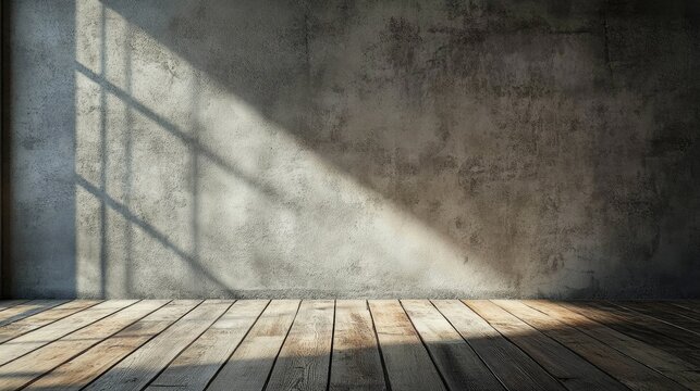Industrial interior design with textured concrete wall and warm wooden floor illuminated by natural sunlight, highlighting rustic charm and spacious feel.