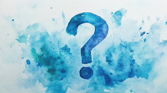 A vibrant blue watercolor question mark surrounded by splashes, symbolizing curiosity, exploration, and the pursuit of knowledge.