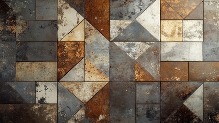 Worn vintage mosaic tiles showcasing ornate geometric patchwork in rich earthy browns and grays, perfect for textured backgrounds or wallpaper designs.