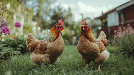 Fototapeta premium Two brown hens standing on lush green grass in a sunny garden surrounded by colorful flowers and a rustic background.