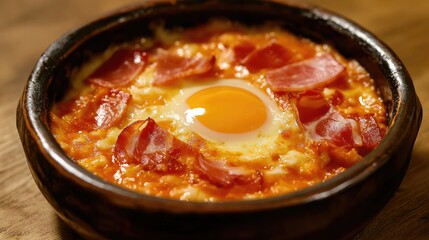 Creamy Spanish salmorejo served in a rustic bowl, topped with slices of serrano ham and a perfectly cooked sunny-side-up egg.