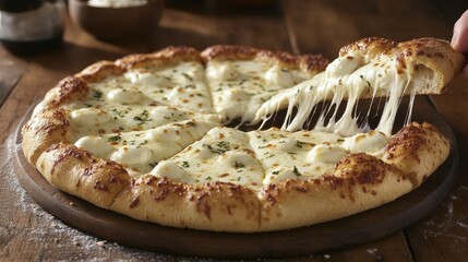 A fresh cheese pizza with melted cheese being pulled apart, showcasing the gooey mozzarella stretching between slices, with a warm, golden crust