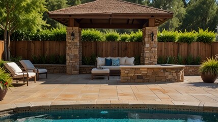 Backyard patio with pergola, seating, fire pit, and pool.