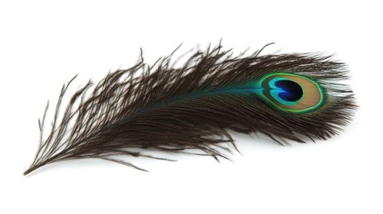 Elegant peacock feather plume showcasing vibrant eye-like patterns against a pristine white background, highlighting the intricate details and rich textures.