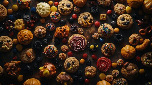 Overhead view of a Halloween themed backdrop filled with colorful cookies, candies, and festive treats in various shapes and sizes.