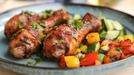 Fototapeta premium Crispy fried chicken legs garnished with fresh herbs, served alongside a vibrant medley of grilled bell peppers and cucumber slices.